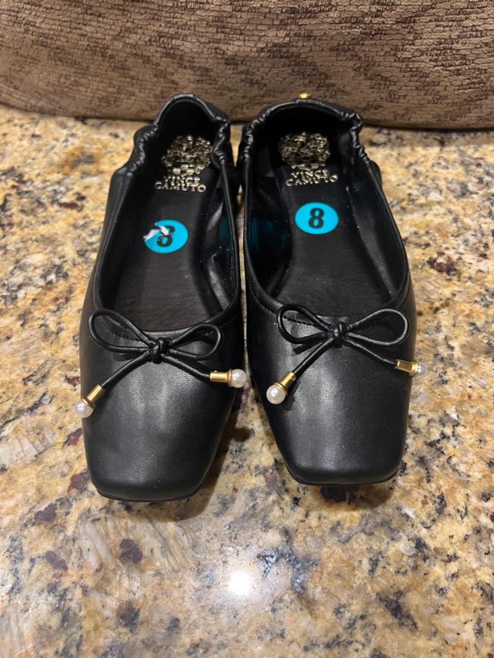 Vince Camuto Black Square-Toe Ballet Flats with Pearl-Tip Bow